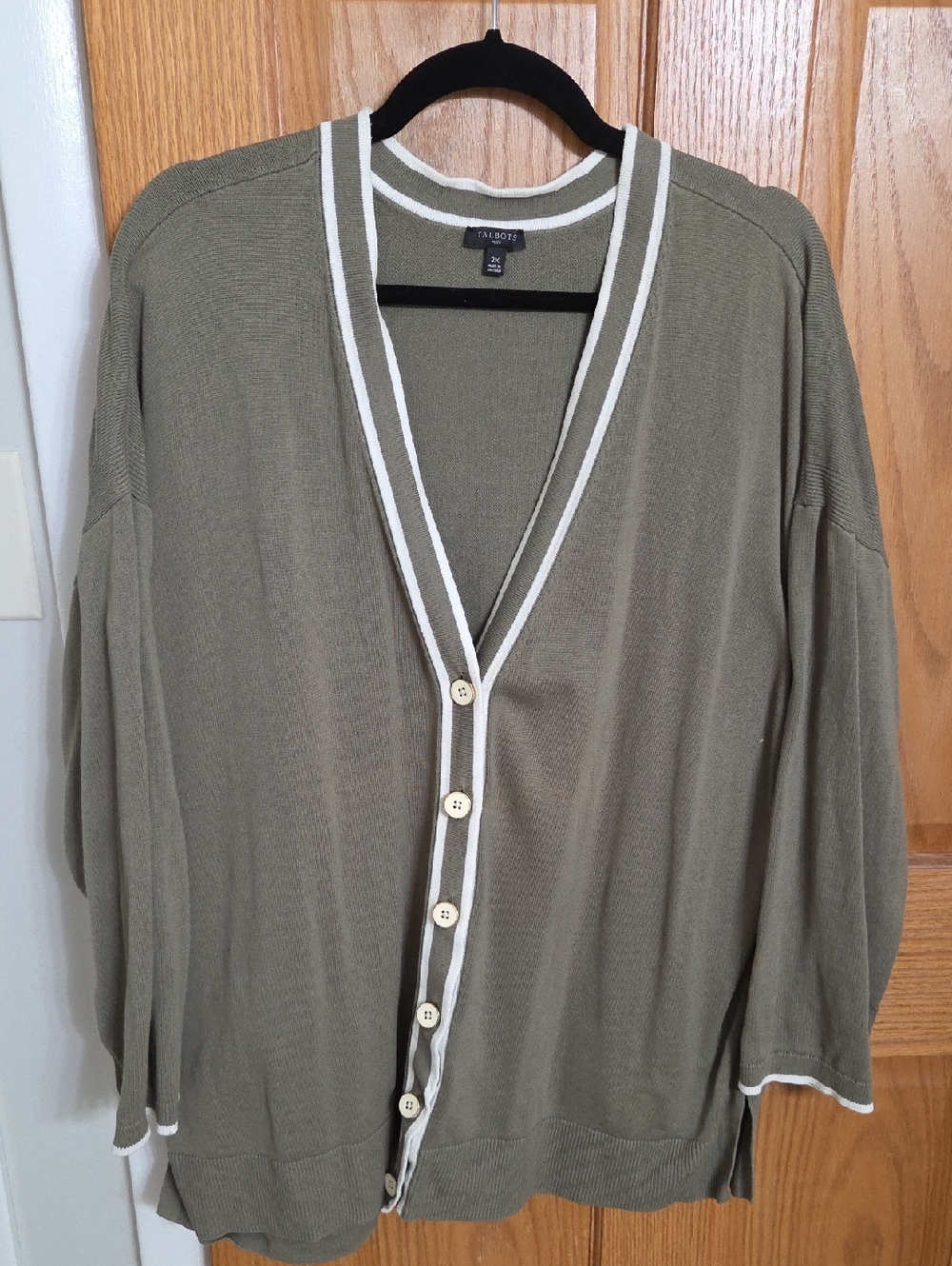 Talbots Olive Green Button Down Cardigan with Cream Trim 2X
